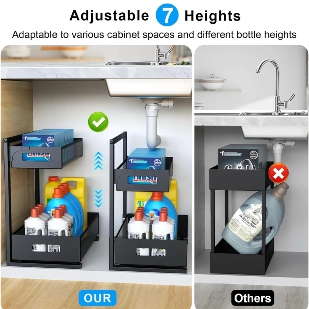 Under Sink Organizer Pull Out Cabinet Organizer Adjustable Height 2 Tier